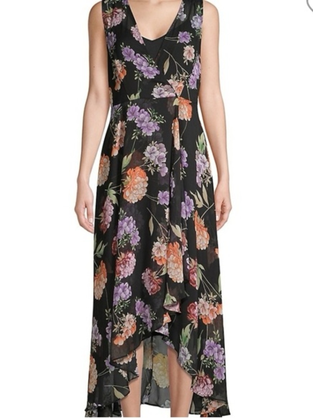 Calvin Klein Black Floral High-Low V-Neck Maxi Dress